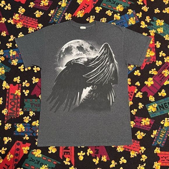 Full Moon Eagle Monochrome Dark Grey Graphic Tee Shirt / Size M - Picture 1 of 4